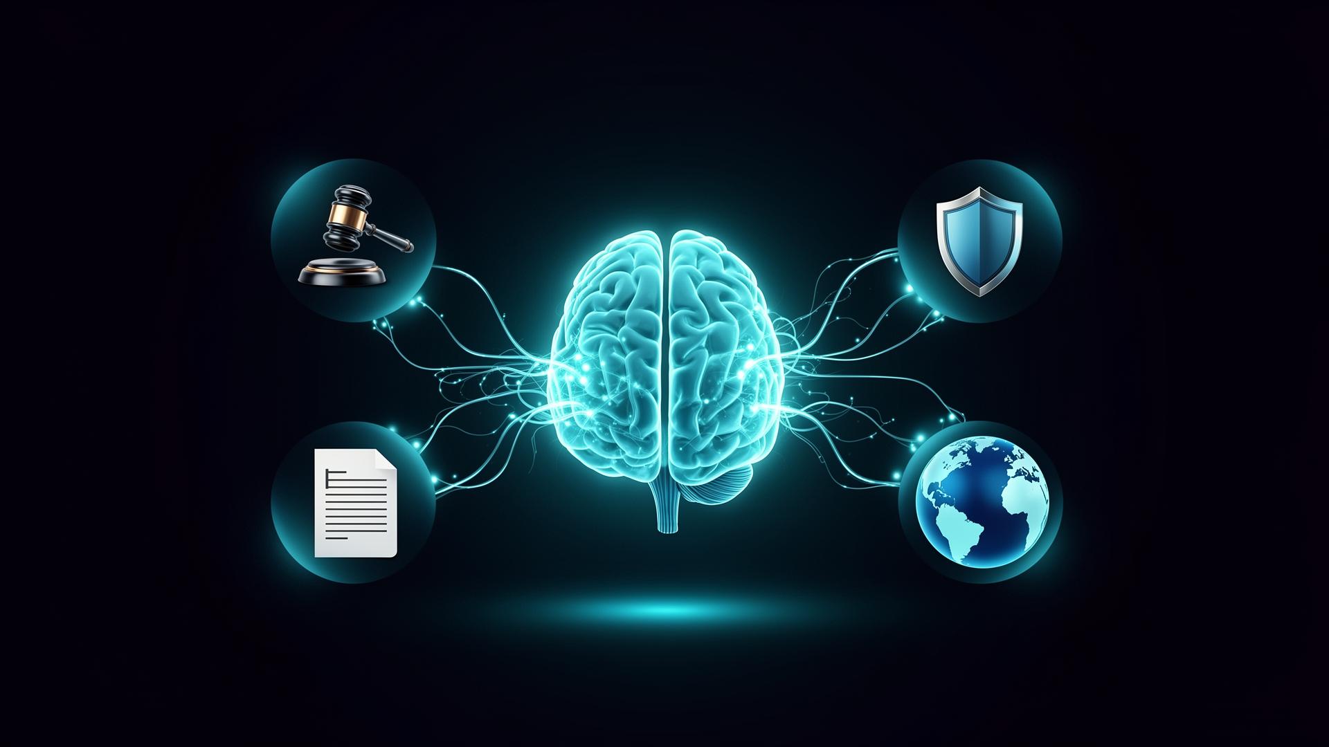AI agent brain connected to legal documents and digital shields — agentic AI for digital rights protection